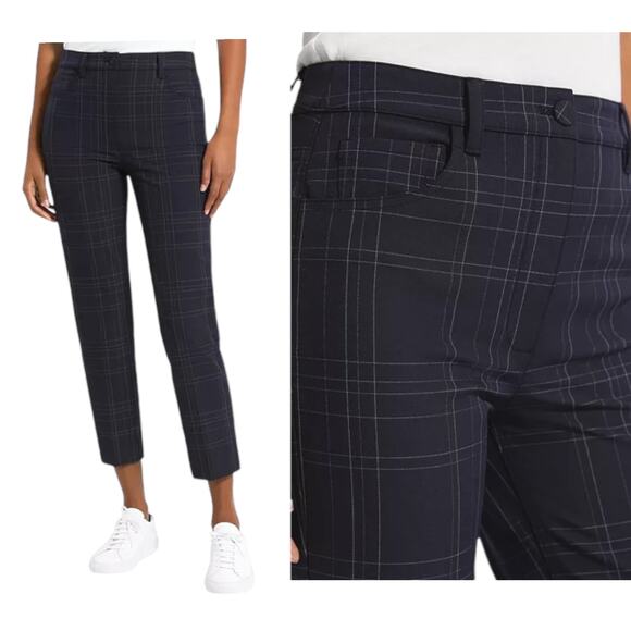 THEORY Treeca Dover Tech Pants Trousers Blue Plaid Denim Pocket Stretch Cropped - Picture 1 of 11